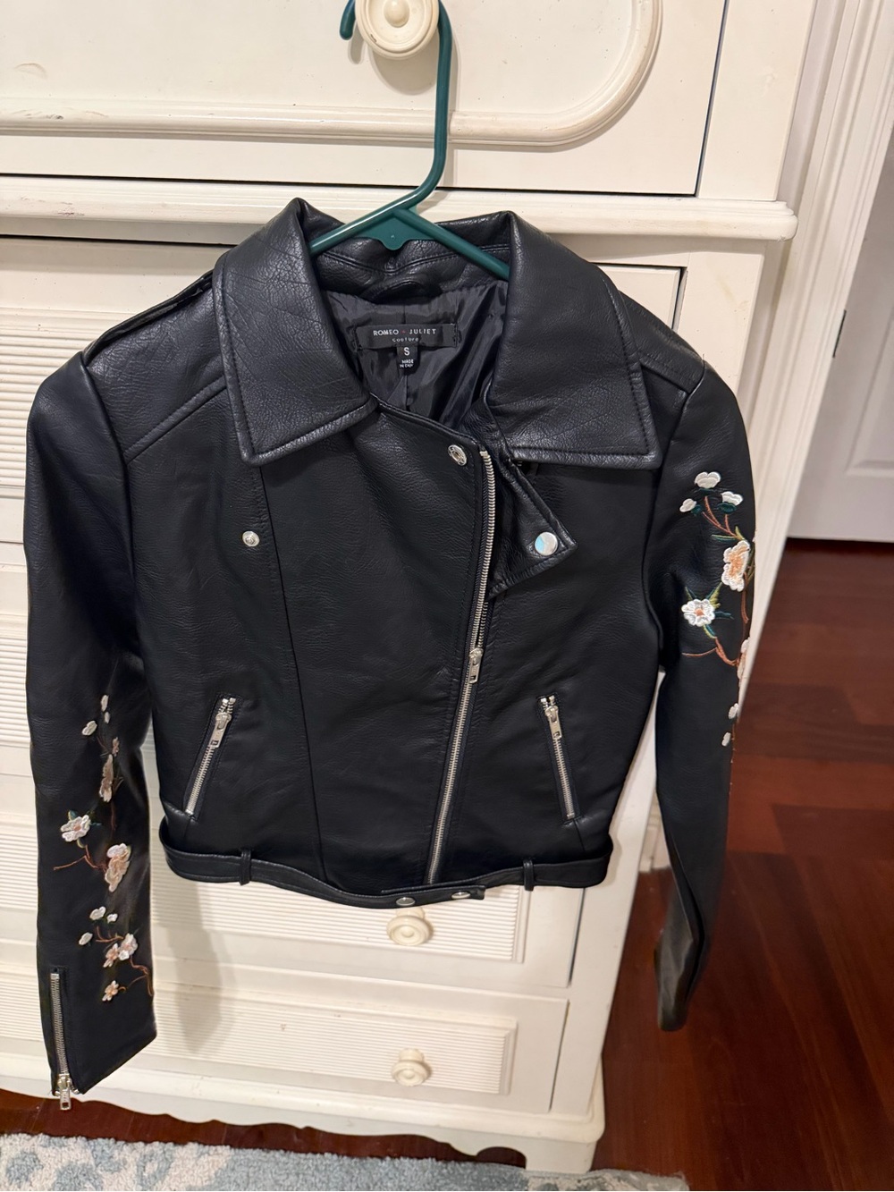 Romeo & Juliet Couture Black Leather Floral-Embroidered Moto Jacket